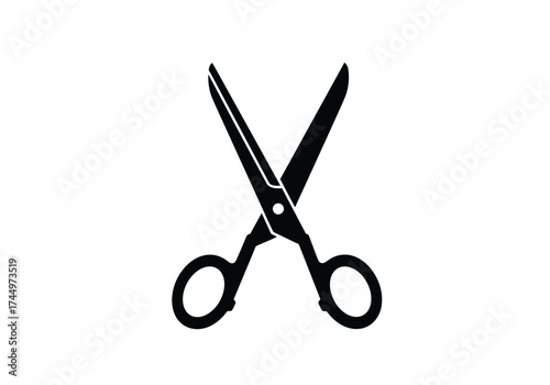A Simple Black Silhouette of Open Scissors on a White Background.
