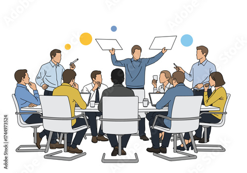 Team brainstorm session with diverse professionals collaborating on strategy development.