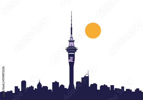 The iconic sky tower stands tall against the city skyline under a bright orange sun.