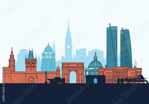 A vibrant skyline illustration featuring iconic historical and modern architecture.