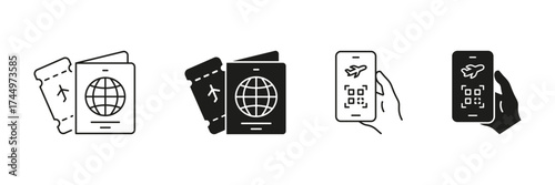 Passport And Boarding Pass With Mobile Qr Code Icon Set. Travel Documentation And Digital Ticketing Outline And Silhouette Symbols. Air Travel And Security Check. Isolated Vector Illustration