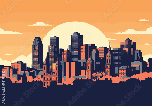 Pixel art cityscape at sunset with tall buildings.