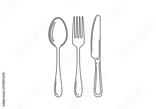 An outline drawing of a spoon a fork and a knife placed side by side.