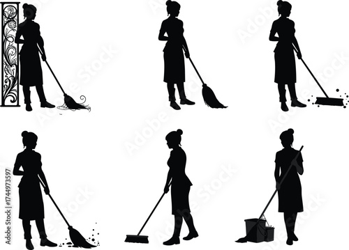 Cleaning worker silhouettes, sweeping debris, mopping floor, janitorial posture, sanitation gesture, bucket and broom, hygiene task, uniform, equipment, service