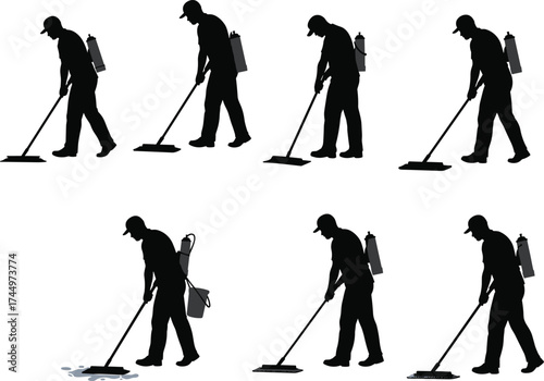 Cleaning worker silhouettes, floor mopping, sanitation task, chemical tank, safety gear, janitorial service, hygiene procedure, uniform, liquid spill, equipment