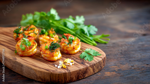Sizzling Bang Bang Shrimp, golden pan-fried prawns tossed in a creamy, spicy sauce, garnished with fresh herbs, served on a rustic wooden board
