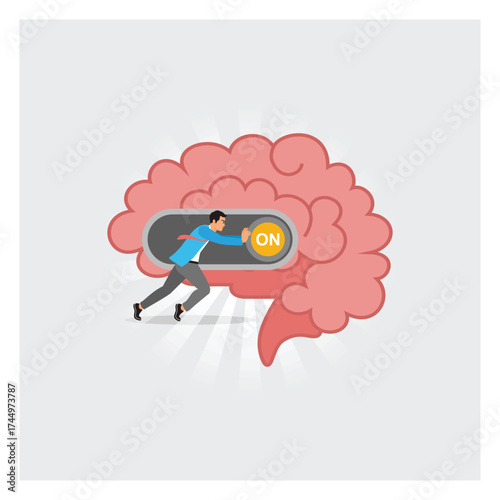 Smart Businessman Turn on Switch on His Own Brain Illustrating Mental Activation and Motivation.