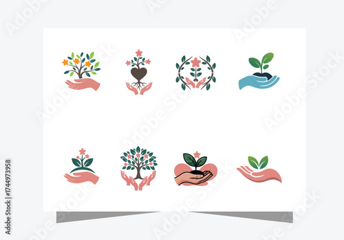 Hand holding tree logo nature, growth, and environmental care. health care icon vector design 