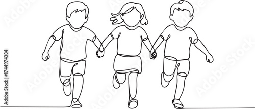 Kids Holding Hands Running Line Art Style Childhood Friends