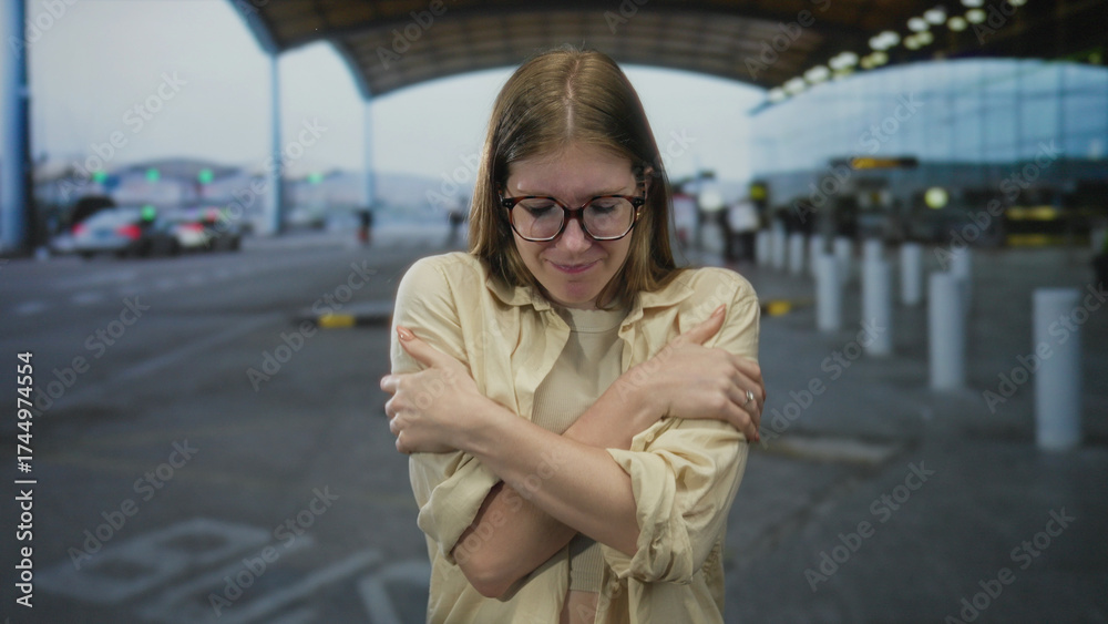 Fototapeta premium Young blonde woman shivering and hugging her arms at airport terminal outdoors; cold discomfort.