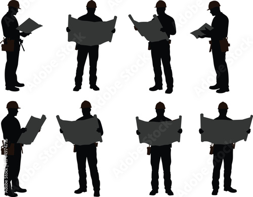 Construction worker silhouettes, blueprint review, hard hat safety, planning teamwork, engineering project, tool belt, site inspection, labor, architecture, collaboration