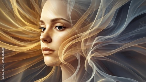 Serene young woman with flowing ethereal light resembling hair, looking thoughtfully into the distance.