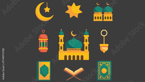 Collection of islamic cultural symbols and religious icons for ramadan and eid celebrations