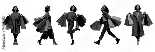 Halftone women carrying shopping bags stylish fashion retail illustration