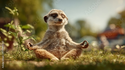 funny animal meercat in yoga pose sitting on the grass
