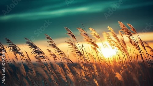 Golden reeds sway gently in the warm glow of a sunset, a serene natural landscape.