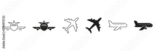 Airplane Icon Set. Aviation, Travel, And Transportation Symbol Collection. Aircraft Silhouettes For Flight And Airline Industry. Isolated Vector Illustration