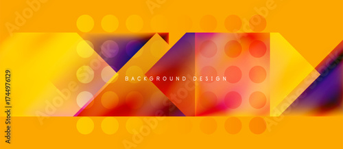 Bright abstract geometric pattern. Yellow, orange, purple shapes overlap creating dynamic visual effect. Modern design element.