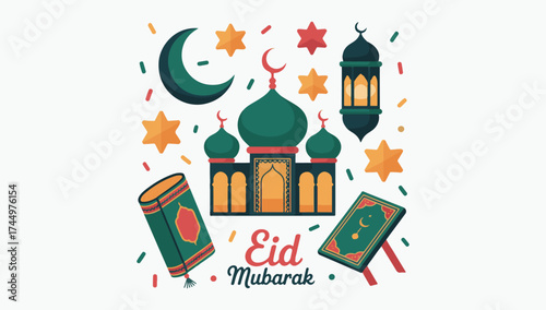 Eid mubarak celebration elements mosque crescent moon lantern quran book festive decorative graphics