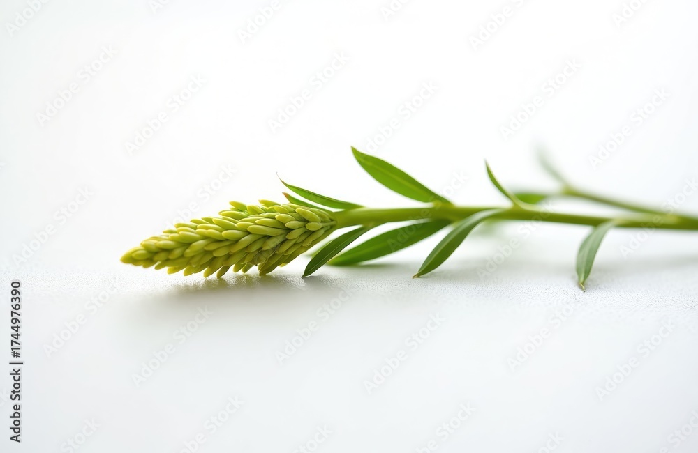 Fototapeta premium Closeup of fresh green finger millet plant shoot on white studio background. Developing cereal grain head with many individual seeds. Organic Ragi crop healthy natural food source from sustainable