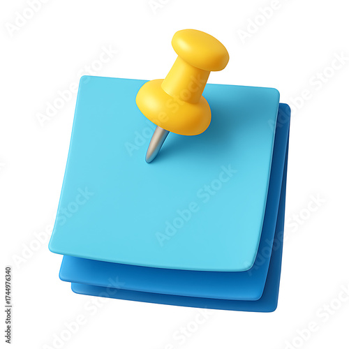 3d Pinned note icon with yellow pushpin on blue sticky pad isolated on transparent background