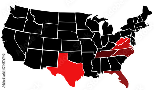 Conceptual graphic illustrating the Southern United States region highlighted in red on a monochrome national map