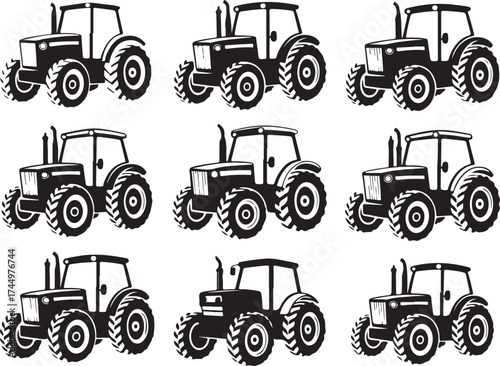 Diverse tractor silhouettes for farming and industry