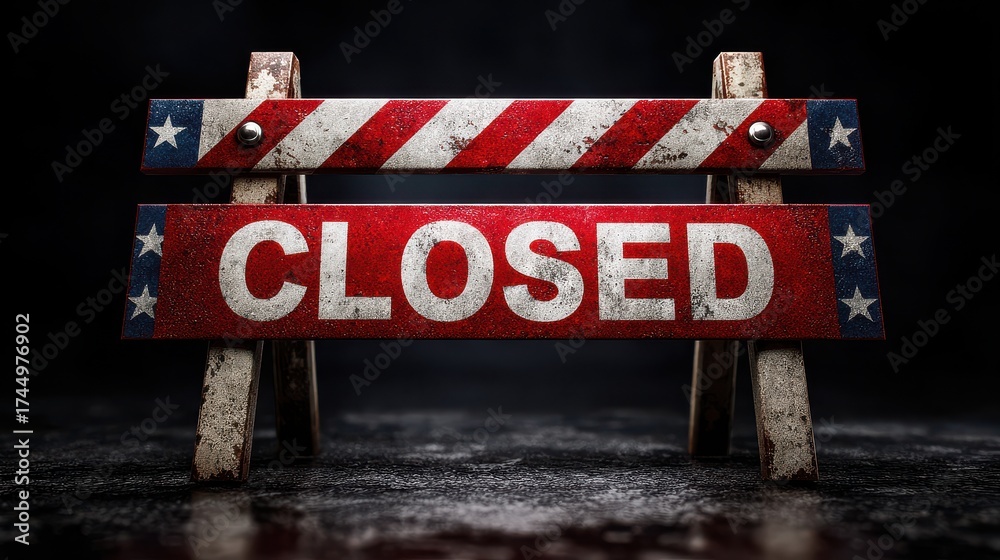 Fototapeta premium American government shutdown concept with closed USA barricade sign in patriotic red white and blue