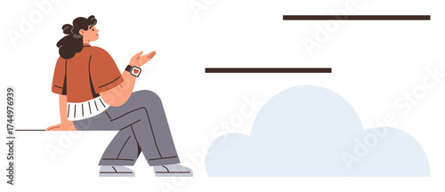Woman seated casually with watch, observing floating lines and cloud shape, evoking contemplation. Ideal for creativity, reflection, mindfulness, progress, ideas calm innovation. Simple flat
