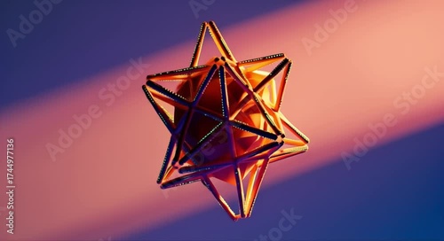 Intricate metallic geometric structure glowing with warm light against a soft gradient background