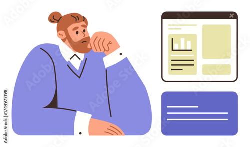 Man with beard, relaxed pose, contemplating data in an open browser window. Ideal for analysis, strategy, planning, decision-making, productivity, workplace reflection simple flat metaphor
