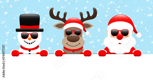 Schneemann Rentier Und Weihnachtsmann Sonnenbrille Halten Horizontales Banner Blau