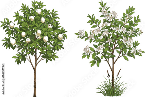 Green fruit tree with cartoon fruits and white flowering tree side by side, vibrant foliage, nature contrast, botanical diversity, garden, flora