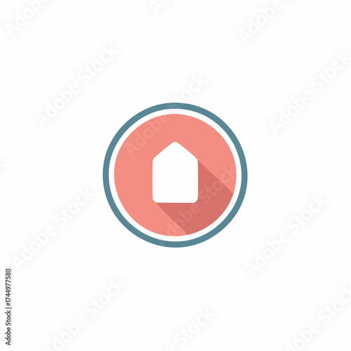 Minimalist abstract house icon within a circle with long shadow effect