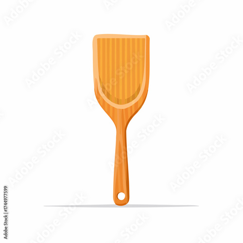 Flat wooden kitchen spatula with a hanging hole on a simple white background
