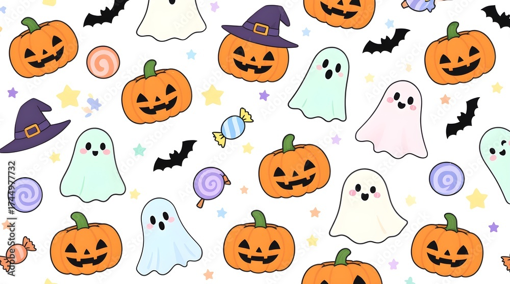 Fototapeta premium Cute Halloween pattern with pumpkins, ghosts, candy, and bats perfect for festive designs, invitations, or spooky party decorations