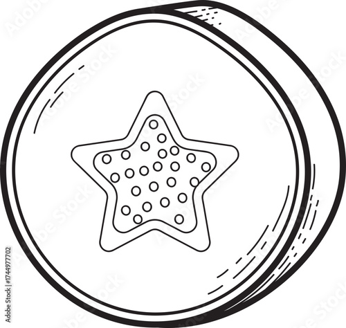 Hand-drawn star cookie on a plate. Outline illustration of a sweet biscuit for baking, holidays, or dessert concepts.