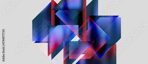 Abstract geometric shapes overlap, creating vibrant blue, red hues. Composition feels modern, dynamic, visually complex.
