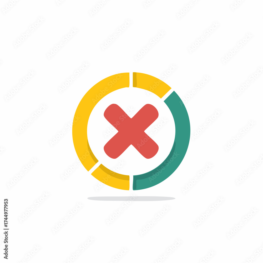 Fototapeta premium Red X symbol inside a segmented yellow and teal ring, representing error, incorrect, or cancellation.