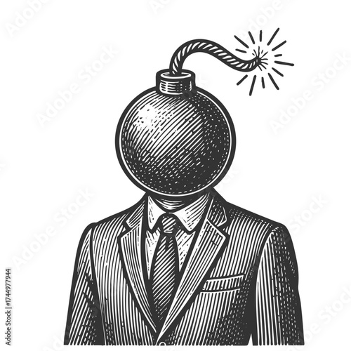 man in a suit with a bomb for a head, anger, stress, or explosive emotions sketch engraving generative ai fictional character vector illustration. Scratch board imitation. Black and white image.