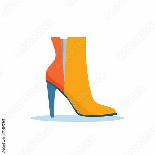 Stylish woman's ankle boot with a stiletto heel in fashionable colors, orange and blue.