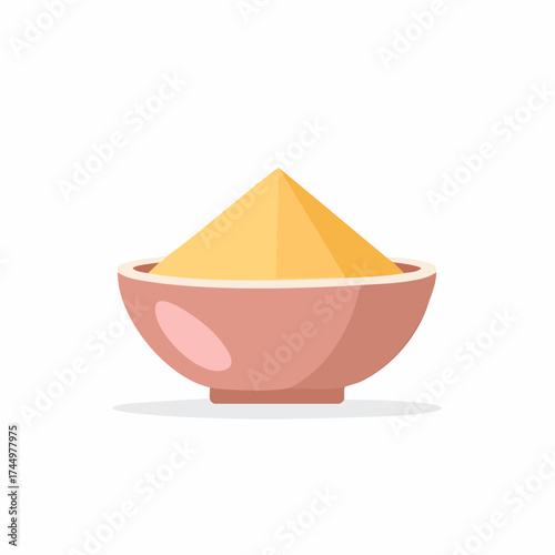 Simple vector icon of a bowl filled with yellow corn flour or turmeric spice powder for cooking.