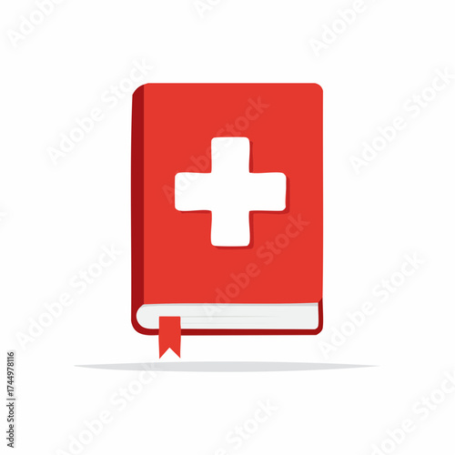Red Medical Book with White Cross Symbol and Bookmark