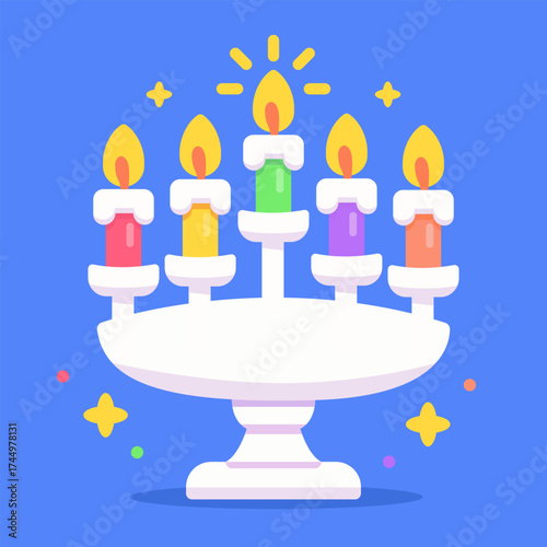 Menorah or hanukiah with colorful burning candles on blue background. Symbol of jewish holiday Hanukkah. Religious concept. Vector illustration