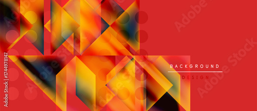 Abstract geometric design. Warm colors dominate, featuring triangles, squares, circles. Red background provides contrast, modern aesthetic.