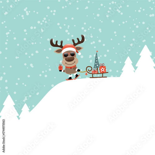 Rentier Sonnenbrille Auf Berg Mit Schlitten Im Wald Schnee Türkis