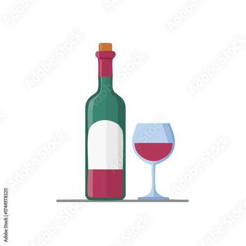 Wine bottle and glass illustration with blank label, red wine liquid.
