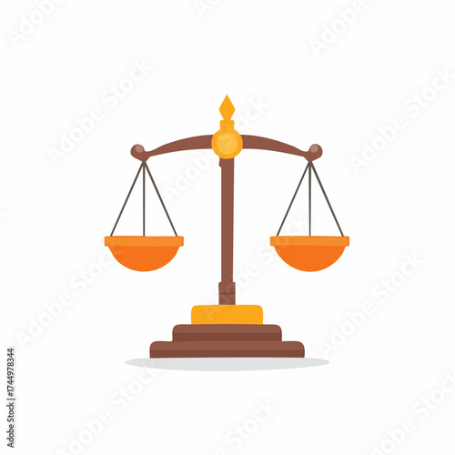 Illustration of a gold and brown balance scale with orange pans representing justice
