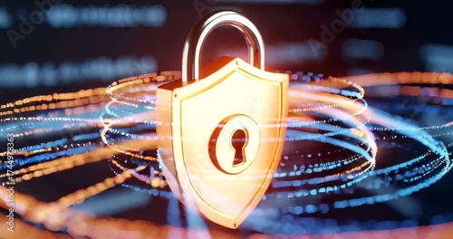 Digital padlock surrounded by swirling data streams in a cyber environment