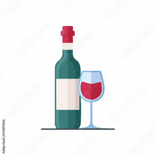 Wine bottle and glass of red wine illustration.
